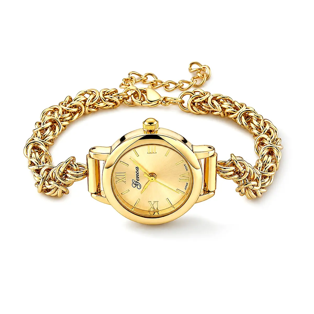 Genoa PC21S Japan Movement Watch with ION Plated YG Stainless Steel Byzantine Chain Strap (7.5-8.5 In)