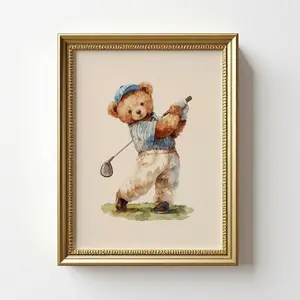 Vintage Golf Teddy Bear Wall Art, Bear in Retro Outfit, Nostalgic Wall Decor for Kids Room or Golf Enthusiasts T