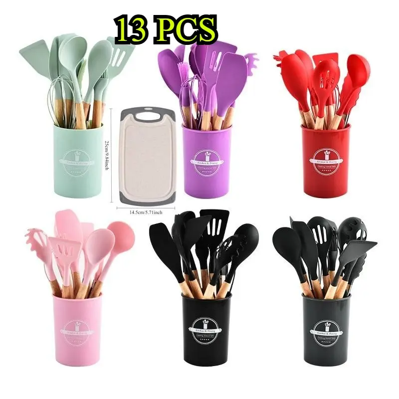 Silicone Kitchen Utensil Set, 1/13pcs Straw Cutting Board & Heat Resistant Cooking Tools, Essential Kitchen Tools, Kitchenware, Kitchen Utensils Set
