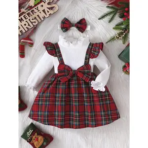 Baby Girl Christmas Costume, Long Sleeve Plaid Patchwork A-line Dress with Headband