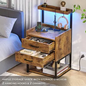 Sikaic LED Nightstand with Charging Station Brown Wood Bedside Table 2 Drawers 2 USB Ports RGB Lights for Bedroom Living Room Modern Storage Shelves & Hooks