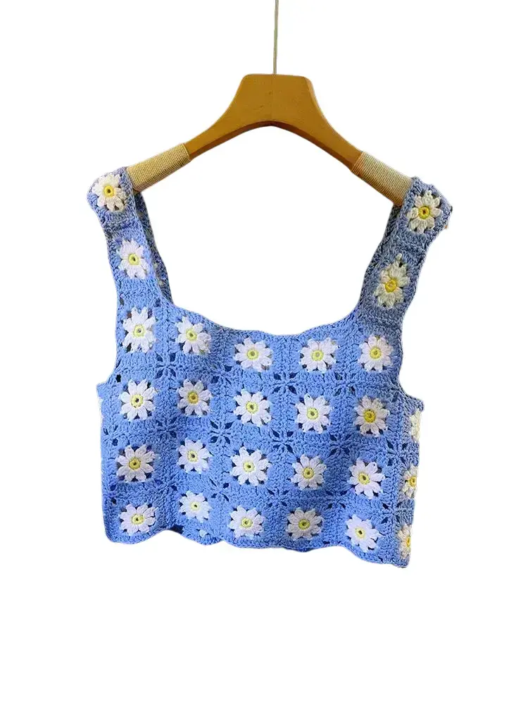Women's Crochet Floral Vest, Handknitted Sunflowers Cotton Knitwear, Fashion Apparel Crop Top - Free Size, Lady, Sleeveless, Casual, Crochet Design, Blooming Floral Women's Tanks & Camis, Light Blue Floral Print Women's Tanks & Camis