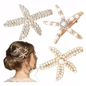 3pc  Sweet imitation pearl decorated starfish hair clip set, suitable for weddings, dates, vacations, and everyday wear, elegant hair accessory for women