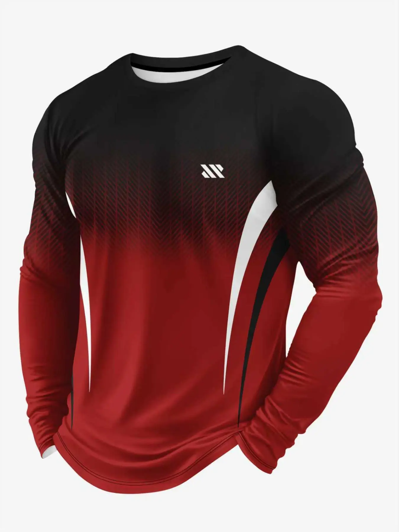 Men's Black Red Gradient Long Sleeve Athletic Shirt, Quick Dry Breathable Workout T-Shirt with Geometric Stripe Detail for Running Gym Sports Athletic Top, Fitness Shirts