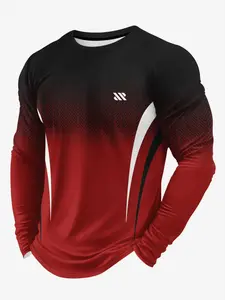 Men's Black Red Gradient Long Sleeve Athletic Shirt, Quick Dry Breathable Workout T-Shirt with Geometric Stripe Detail for Running Gym Sports Athletic Top