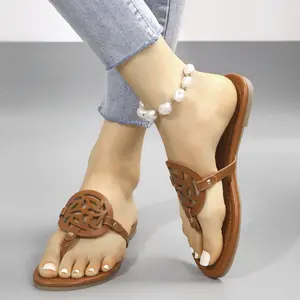 Women's Comfortable Flat Slides Hollow Medallion Thong Sandals Indoor Outdoor Shoes