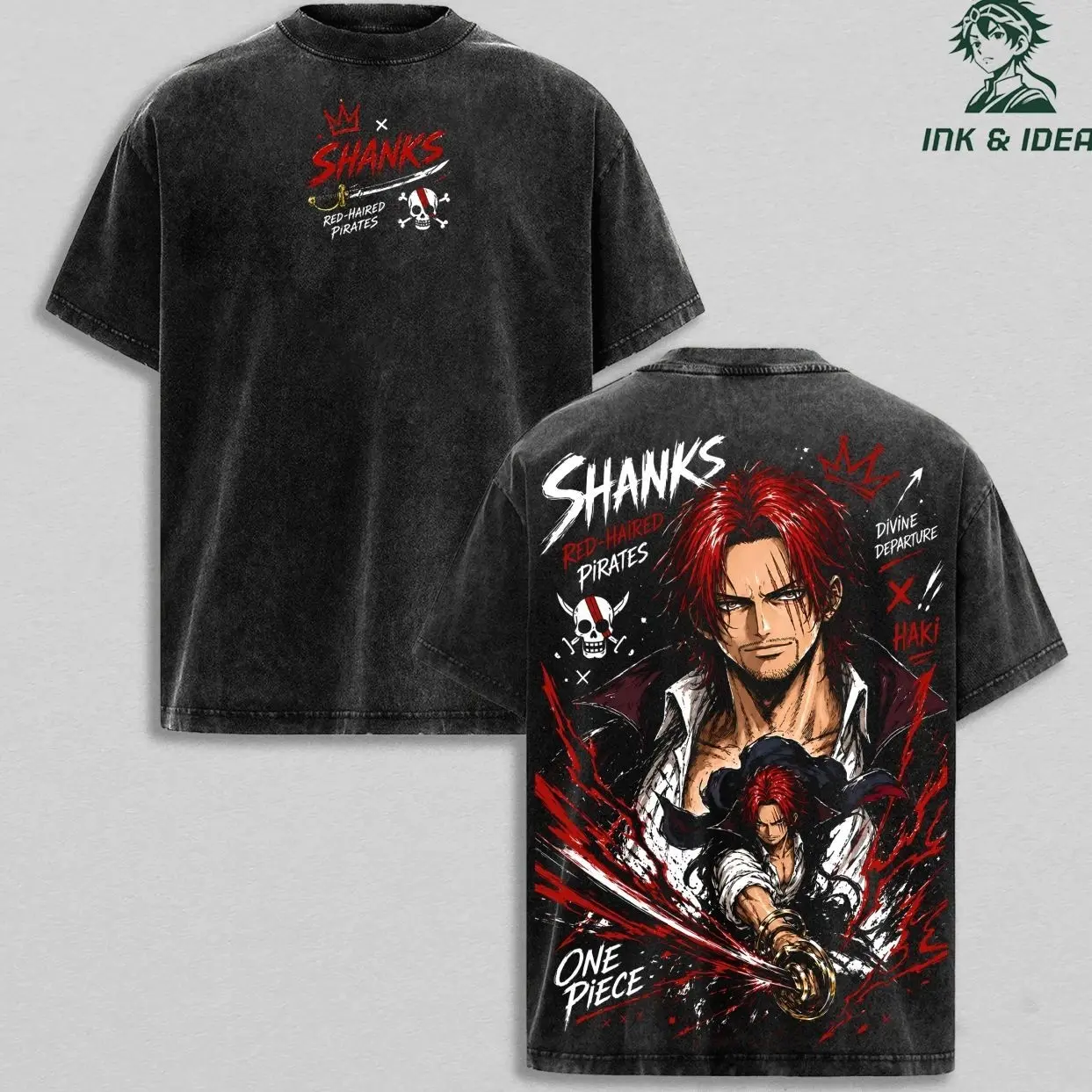 Shanks Divine Departure Vintage Washed Tee, Red-Haired Pirates Emperor Haki Anime Graphic Streetwear Shirt 3CW