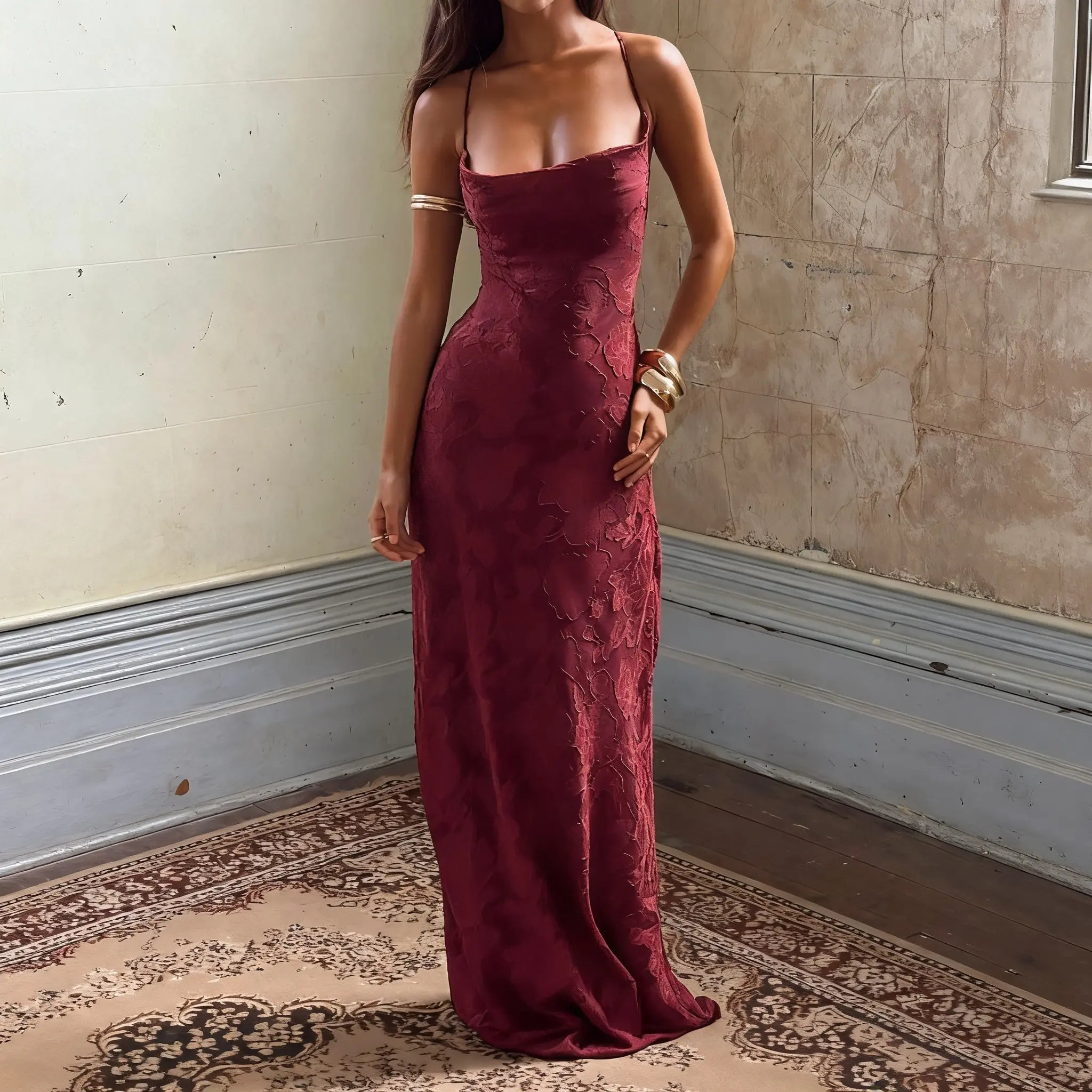 YORA Women's Maxi Dresses Wedding Guest Dress A-Line Long Square Neck Backless Sling for Beach Wedding Party, Backless Evening Dresses, Ceremonial Evening Dresses Red Sleeveless