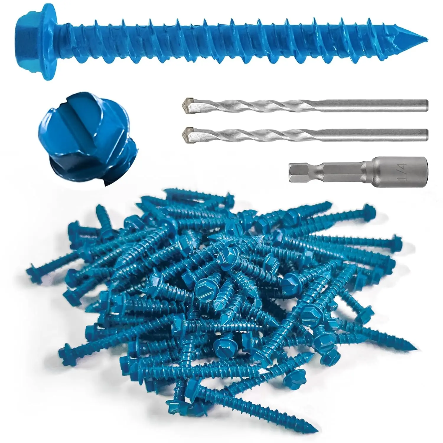 100 count 3/16" x1-3/4 Concrete Screws with Drill Bit, Hex  Concrete Cement Screws Anchor  Kit for Masonry, Block Brick or Stucco