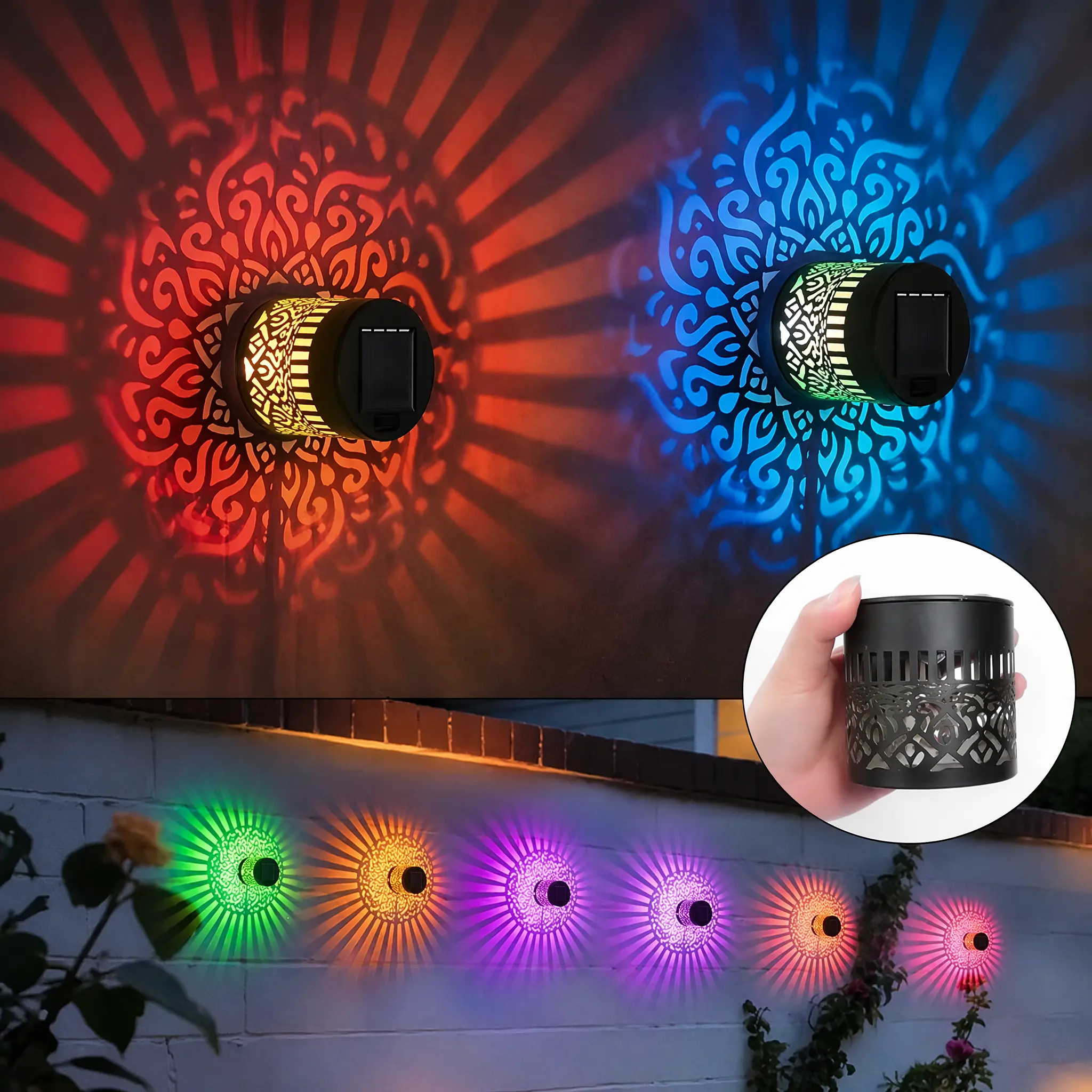 RGB Color Changing Solar Powered Outdoor Fence Mount Projection Lights, Ambient Glow Mandala Pattern Decorative Wall Lights