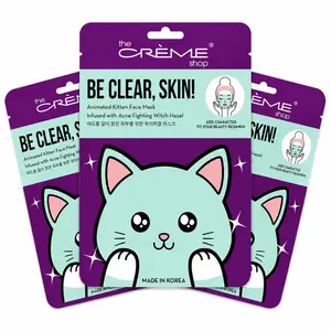 The Creme Shop Animal Sheet Mask, Korean, Hydrating, Collagen, Vitamin C, Anti-Aging - Pack of 3 (Kitten)
