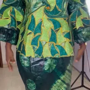 Bazin Riches Original Green & Yellow Leaf Patterned African Print Dress for Women