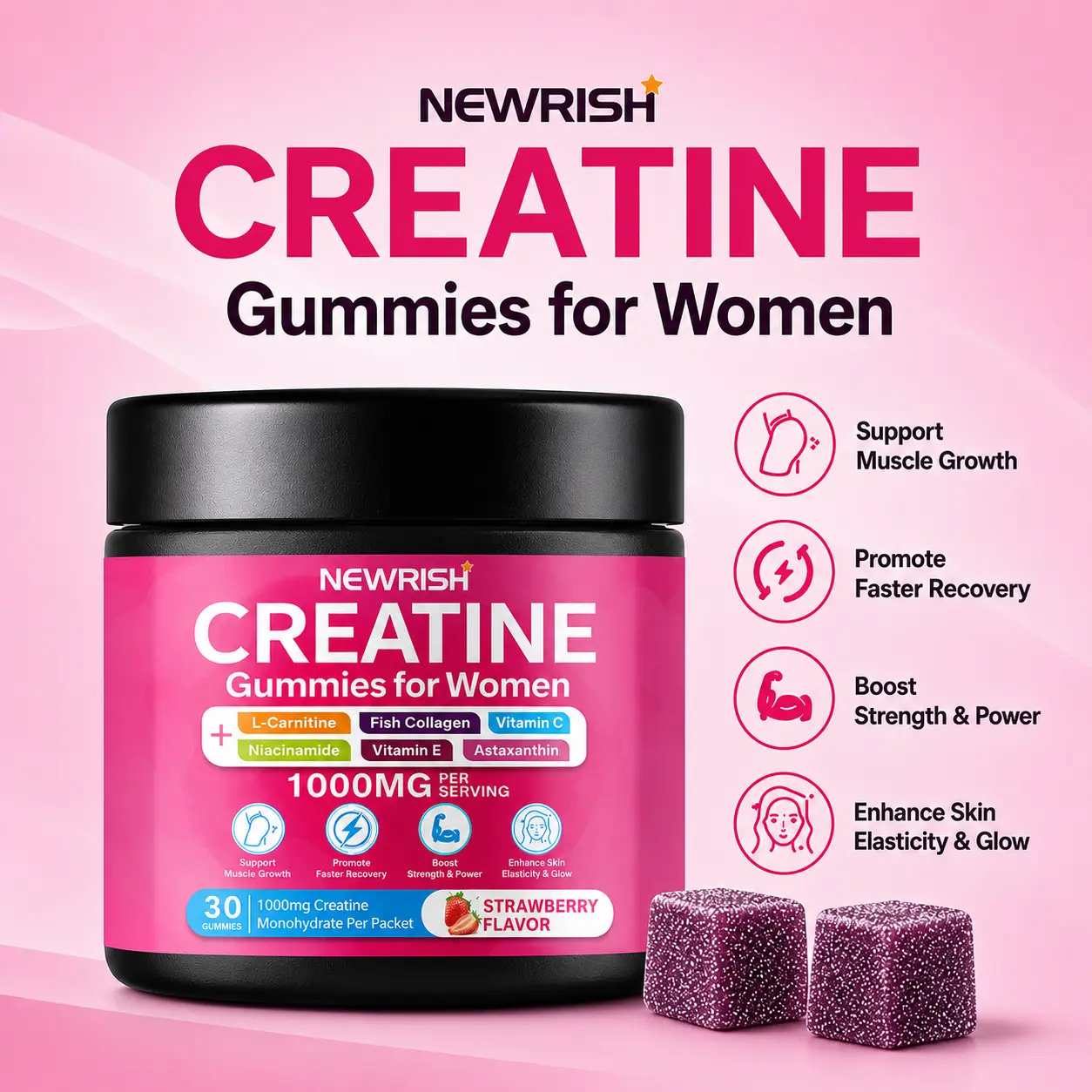 Newrish Vegan Creatine Gummies (Zero Added Sugar), Contains Fish Collagen, Astaxanthin, Niacinamide and Vitamins C and E to Help Fitness and Brighten Skin, Women's Total Health Supplement-30 Tablets