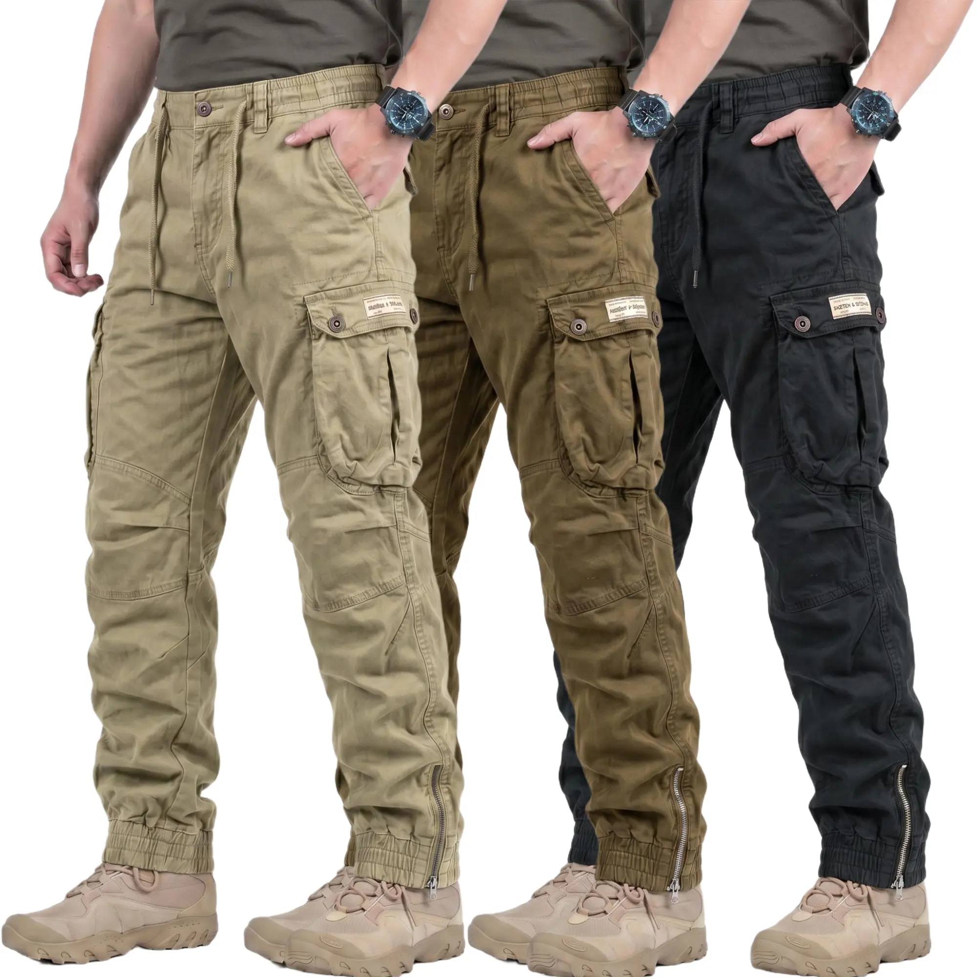 Men’s pure cotton tactical cargo pants with multiple pockets, adjustable hem zipper, breathable and durable slim fit for spring/autumn outdoor hiking