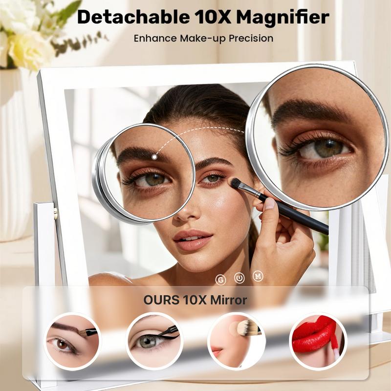 GLITGATE Vanity Mirror with Lights, LED Makeup Mirror with Dimmable 3 Color Modes, Touch Screen Control Vanity Based Mirror Desk Mirror Square White