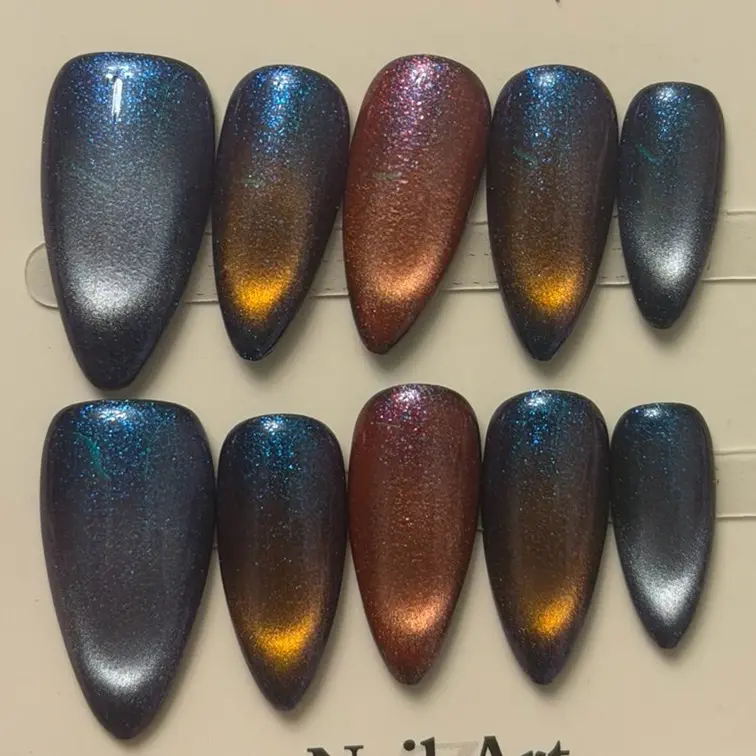 Nail Art Gradient Glitter Nail Tips in Blue, Gold, and Copper Shades for Stylish Manicures size smalll