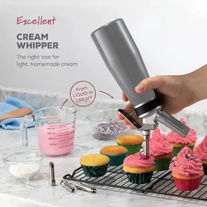 Professional Whipped Cream Dispenser, Food Grade Aluminum Whipped Cream Maker of 500 ml/1 Pint Capacity with 3 Stainless Steel Culinary Nozzles to create Fancy Desserts (N2O Cartridge not Included)