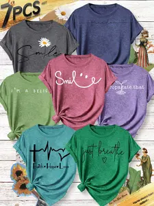 7-Pack Women's Crew Neck T-Shirts, Faith & Smile Slogan Print Set, Multiple Colors Available, Machine Washable, Spring & Summer Top, Soft Skin-Friendly Fabric, Daily Versatile, Fashion Design