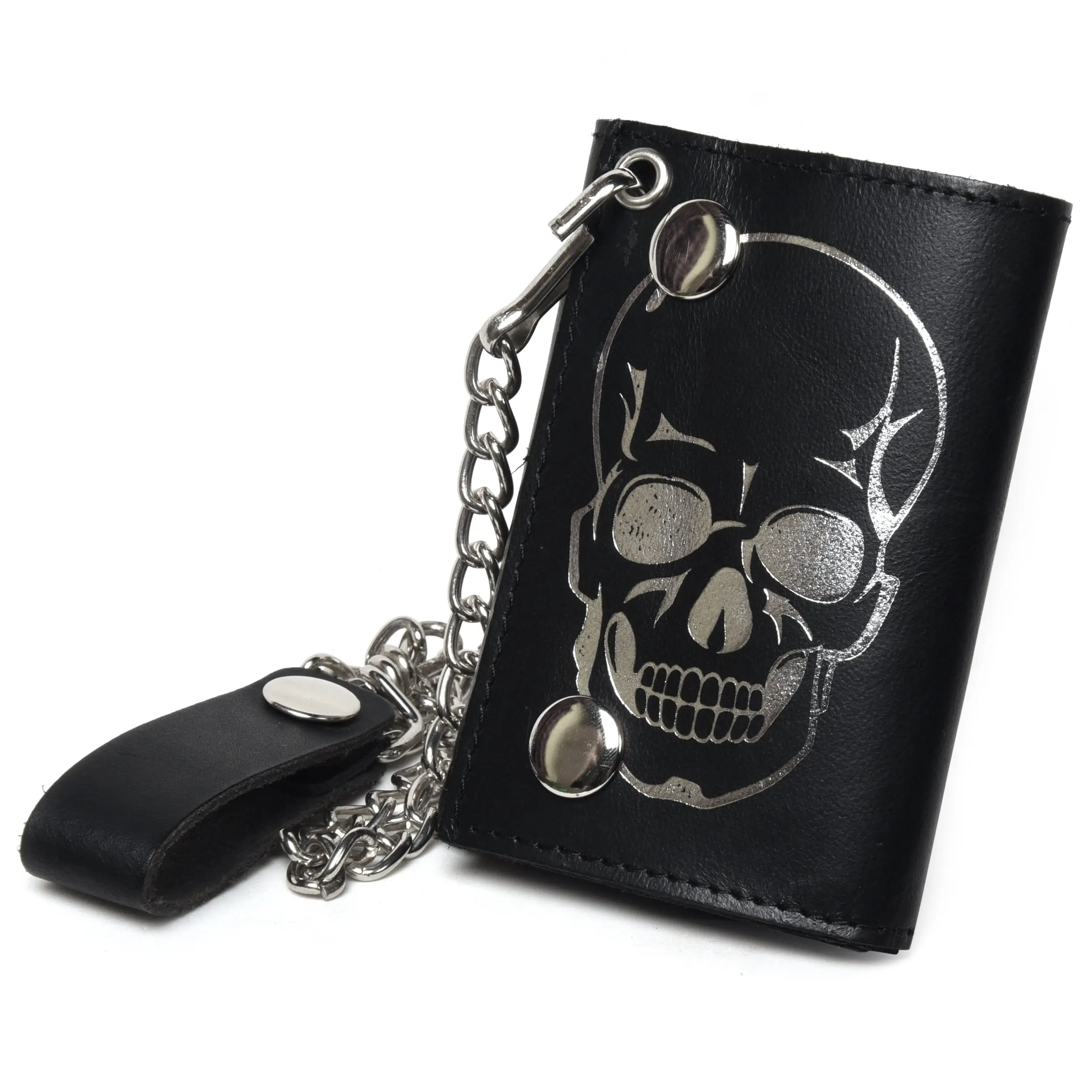 Leatherboss Genuine Leather Skull Print Trifold Men's Wallet with Chain - Black, Stylish, Casual Trendy Biker Trifold Wallet for Men, Black Wallet