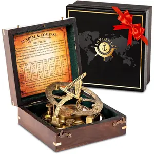 5 inch Large Sundial Compass with Wooden Rosewood Box, Perfectly Calibrated Steampunk Antique Brass Sundial Clock with Chart for Guidance, Ideal Nautical & Vintage Gift for Men
