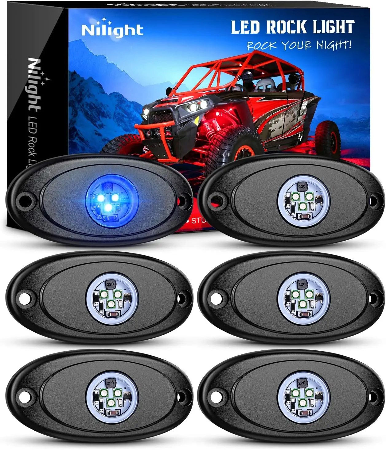 Nilight 6PCS Blue Anti-Aging Bright LED Rock Lights Multipack - Aluminum Housing, IP68 Rated Waterproofing, Rubber Pads, Rubber Mount, Screws, DIY Car Lighting Mods, Underbody Glow Accents for Off-Road Vehicles, Bright Leds