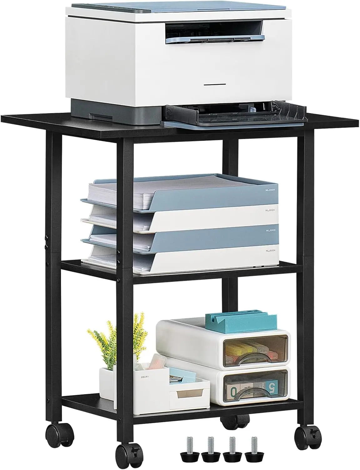 3-Tier Printer Stand, Industrial Mobile Printer Table with Storage Shelf and Steel Frame, Rolling Printer Cart Holder with Lockable Wheels for , Office (Black)