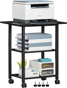 3-Tier Printer Stand, Industrial Mobile Printer Table with Storage Shelf and Steel Frame, Rolling Printer Cart Holder with Lockable Wheels for , Office (Black)