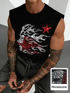 Men's Short Box Vest, Summer Vacation Loose Fit, Relaxed Fit, Rhinestone Pattern, Inner Layer Outer Wear, Festival Daily Fitness Casual Streetwear