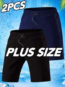 2-Pack Men's Plus Size Sporty Shorts, Elastic Waist Shorts, Quick-Dry Ice Feel, Loose Fit, Breathable, Summer Athletic Wear, Sizes 1xl-5xl, Ideal for Outdoor Activities