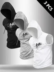 Men's Casual Sporty Athletic Fashion Activewear Hooded Sleeveless Tank Top Vest 3 Pack, Adjustable Drawstrings Design, Eagle Flag Print, Patriotic Comfortable Daily Wear, Casual Sportswear