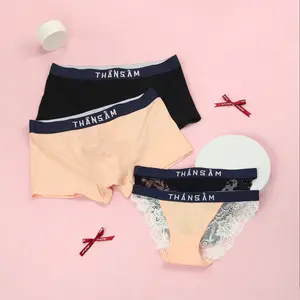 Combo 2 Pair Couple Underwear Set Cotton Boxer Lace Panties Black Peach Gift, Breathable & Comfortable Fit