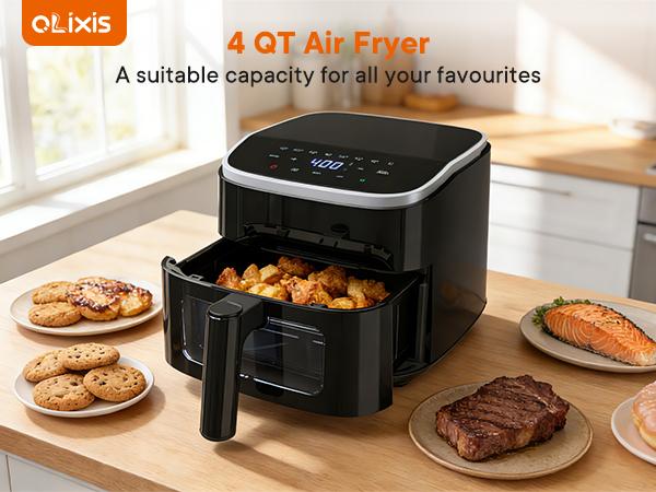 4QT Air Fryer with Visible Window, 1500W Digital Touchscreen Air Fryer with 8 Presets, Auto Shut Off & Nonstick Dishwasher Safe Basket, 60-Min Timer, Max 400°F, Black 4QT Air Fryer with Visible Window, 1500W Digital Touchscreen Air Fryer with 8 Presets, Auto Shut Off & Nonstick Dishwasher Safe Basket, 60-Min Timer, Max 400°F, Black