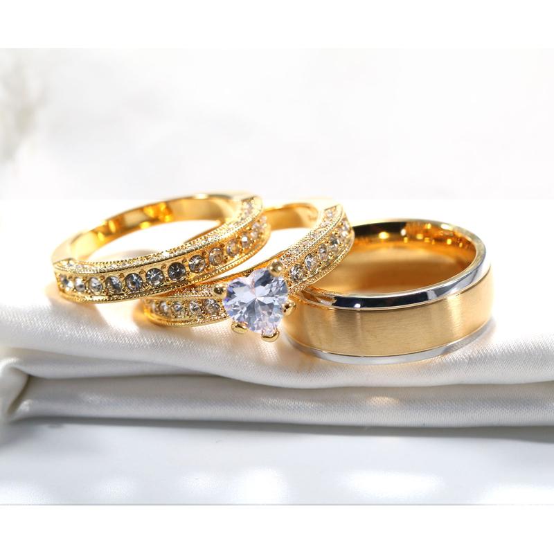 Ringcrown Couple Rings Matching Ring Heart 1ct CZ Yellow Gold Plated 2pcs Women Wedding Ring Sets For Him And Her Ring Men Tungsten Steel Wedding Band