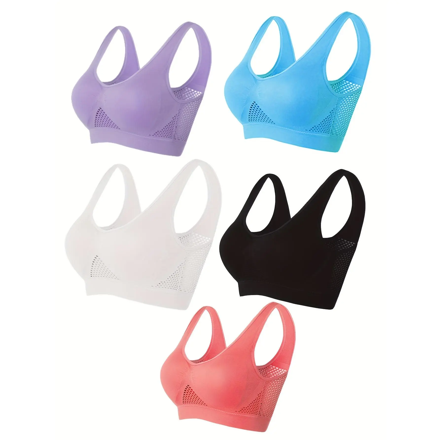 5-Pack Mesh Sports Bra – Non-Steel Ring, Hollow-Out Design for Yoga & Running