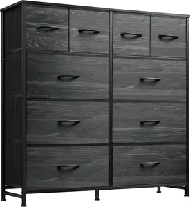 WLIVE Dresser for Bedroom with 10 Fabric Drawers, Tall Chest Organizer Units for Clothing, Closet, Storage Tower with Cabinet, Metal Frame, Wooden Top, Charcoal Black Wood Grain Print