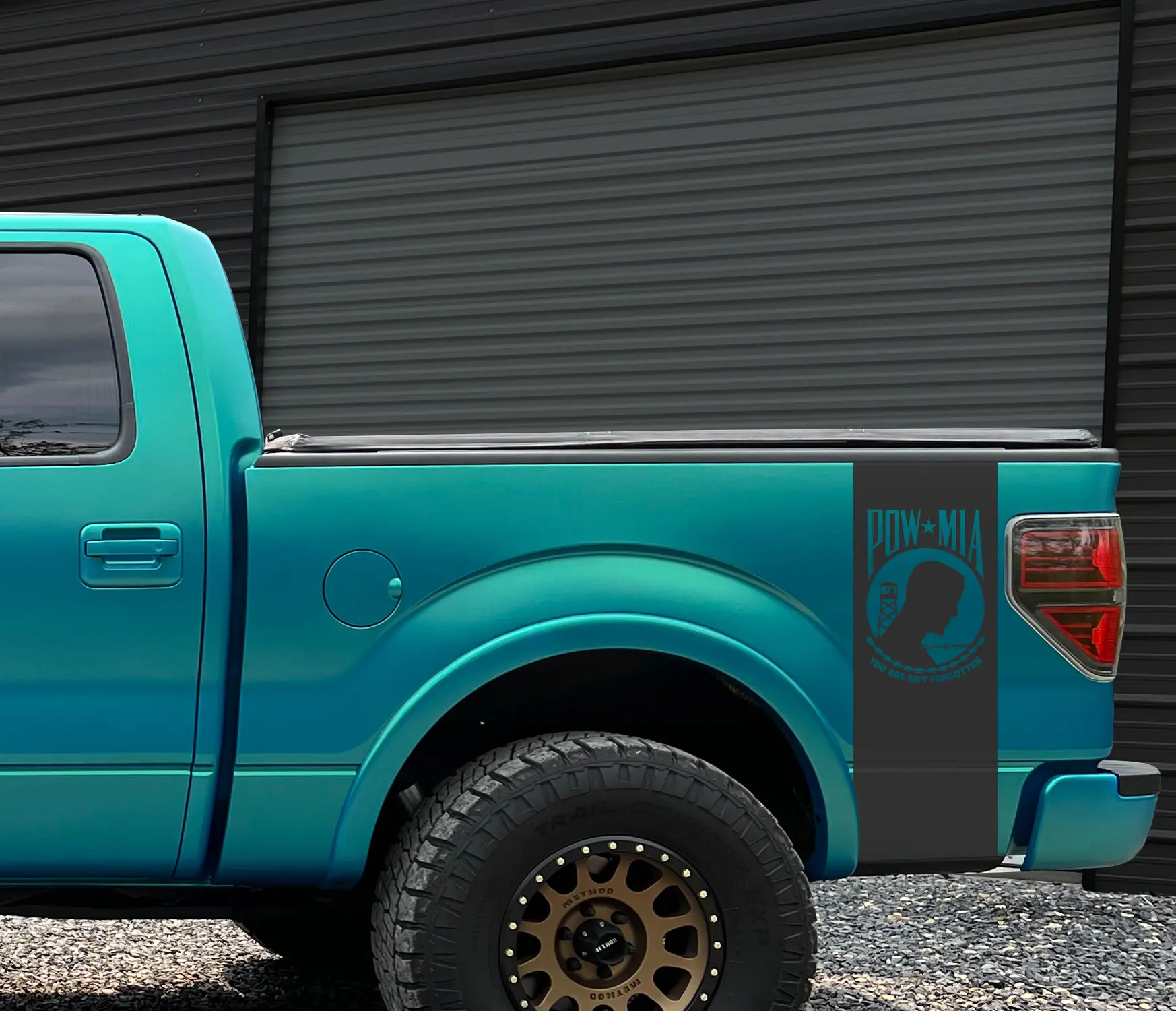 Universal Truck Bedside POW MIA Flag Matte Black Vinyl Decal Set
