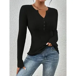 Women’s plain ribbed button-front tops, 2025 elegant chic slim-fit long-sleeve crewneck knit jumper tops for spring, fashionable basic knitwear for daily wear, black casual sea sweater for women