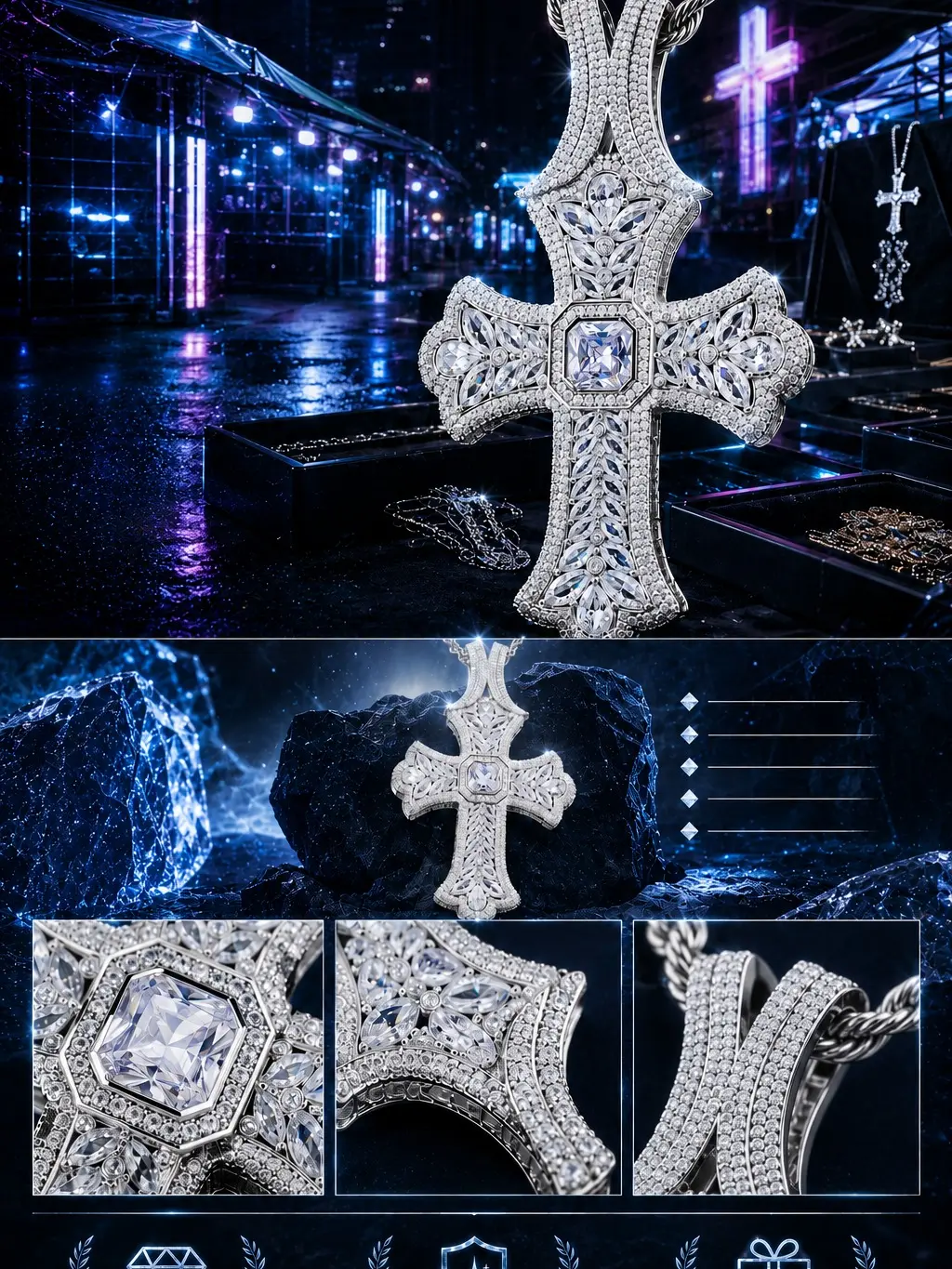 2167 Ornate Gothic Cross Pendant - Bold Accent, Iced-Out Glam, Metal Coating Unisex Costume Jewelry Charm for Hip Hop Streetwear, Religious Vibe, Any Occasion, Unisex Wear, Blinged-Out Design
