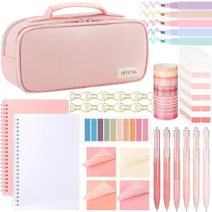 45 Pcs Aesthetic College School Supplies with Pen Case Notebooks Highlighters Gel Pens Sticky Notes Index Tab Clips Washi Tapes Back to School Stationery Bible Study Annotation Kit