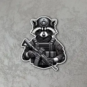 Tactical Raccoon Vinyl Sticker Military Style Animal Decal Cool Raccoon Soldier Sticker Black White Laptop Car Sticker Trendy Gift