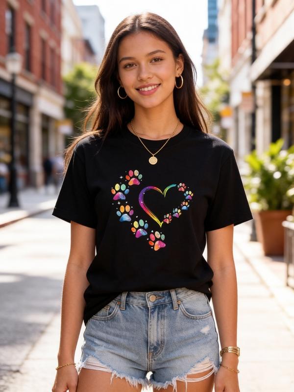 Women's Pure Cotton Short Sleeve T-Shirt - Rainbow Watercolor Paw Print Heart Graphic, Fitted Cut, Lightweight A-Type Top for Pet Lovers, All Seasons Casual Viral TikTok Sohochic Black Ladies Tee