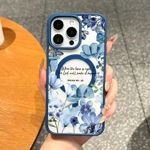 Magnetic MagSafe-Ready Floral TPU Cellphone Case for iPhone 11/12/13/14/15/16/17 Pro Max, Shock-Resistant, Anti-Fall, Ultra-Thin Blue Aesthetic Accessory for Everyday Protection, Accessories