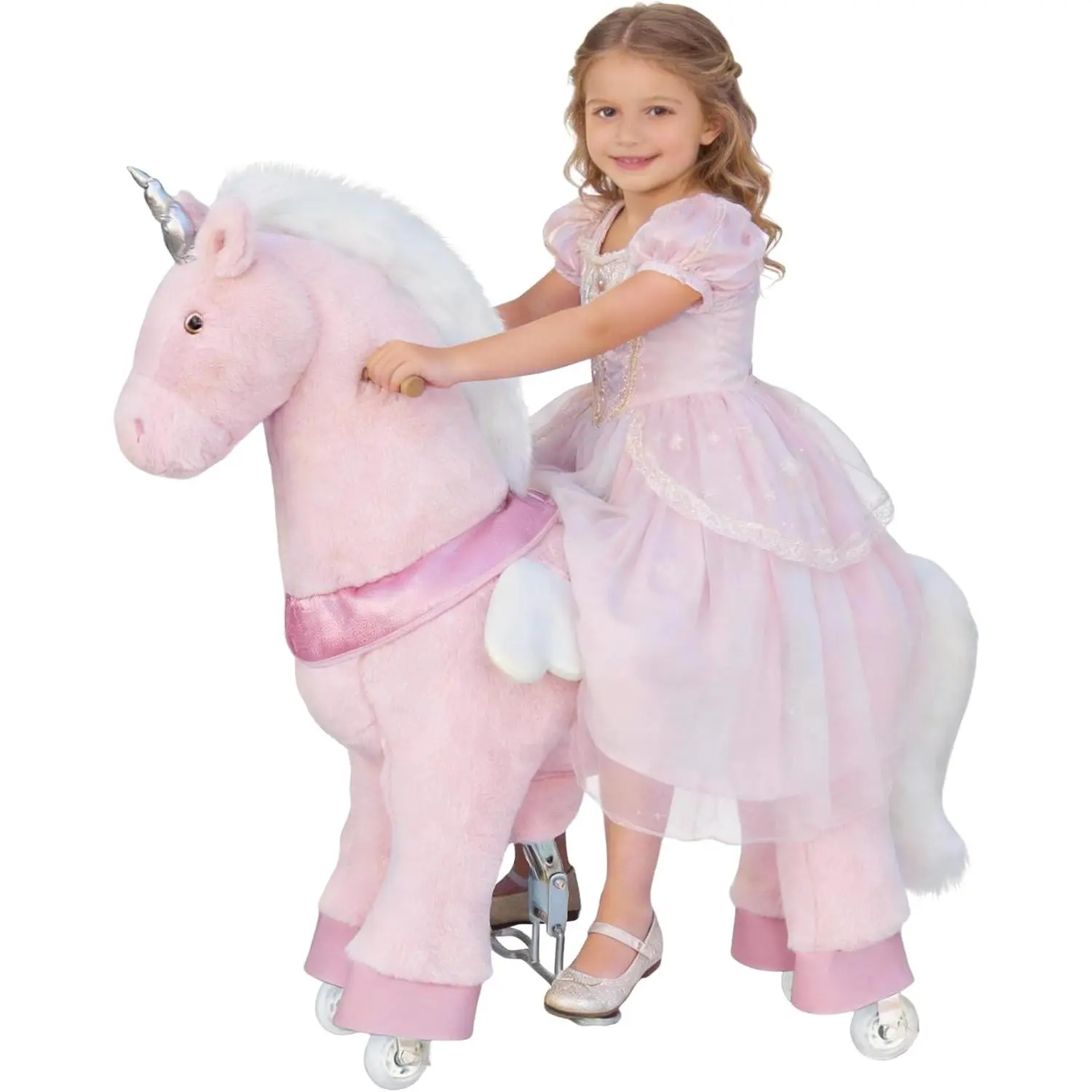 Ride on Unicorn Toys for Kids, Ride on Toy for Girls 4 to 9 Years Old, 36.6'' Height Riding Horse Rider Mechanical Walking Action Plush Animal, No Battery or Electricity, Max Load 165LBS - Pink