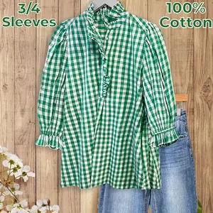 SageVell 3/4 Sleeves Puff Sleeve 100% Cotton Green & White Gingham Shirt with Ruffle Accents Top for Women - Casual Button Down