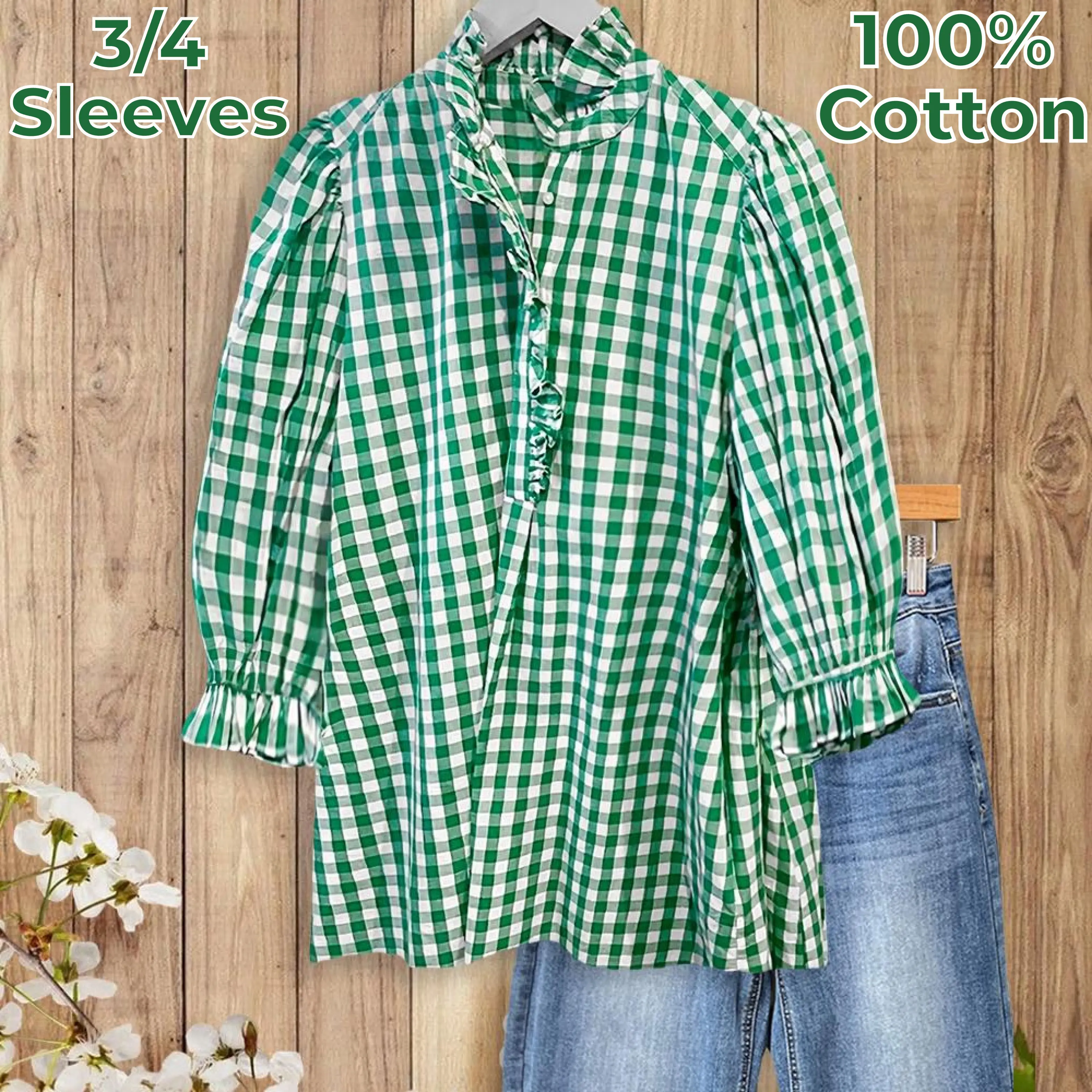 SageVell 3/4 Sleeves Puff Sleeve 100% Cotton Green & White Gingham Shirt  with Ruffle Accents Top for Women - Casual Button Down - TikTok Shop