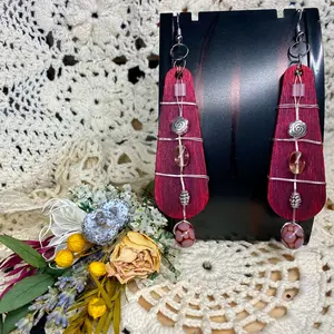 Reddish Purple Wire Wrapped Wood Dangle Earrings