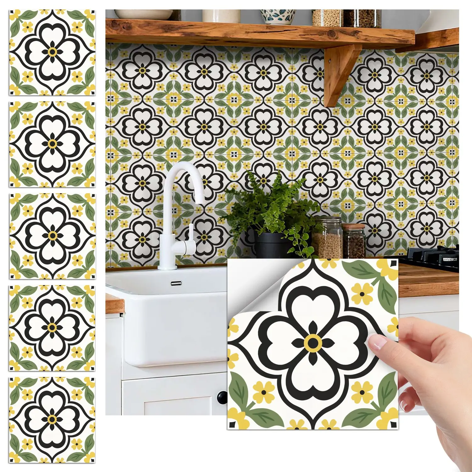 24PCS FHZ Yellow-Green Contrast Vintage Floral Tile Stickers | PET Matte Peel & Stick Backsplash | Waterproof Oil-Proof Decor for Home & Office