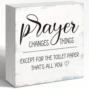 Minimalist Prayer Changes Things Except For The Toilet Paper Wood Block Sign, Funny Bathroom Wood Box Sign Shelves Decor, Humorous Bathroom Decor, Novelty Decor for Toilet Table Shelf 5x5 INCH