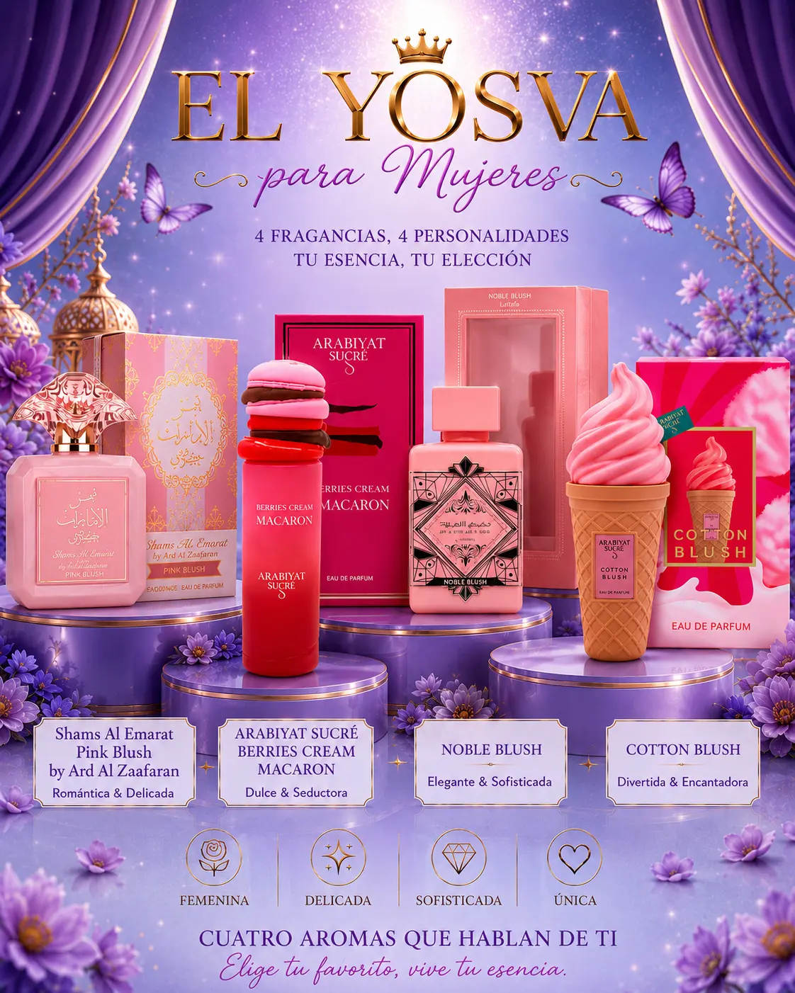 Yosvas Bundle | Ard Al Zaafaran Pink Blush + Arabiyat Sugar Cotton Blush + Berries Cream Macaron + Badee Al Oud Noble Blush | Womens Fragrance | 100ML - 3.4OZ | Eau De Parfum | Raspberry- Nectarine, and Apple