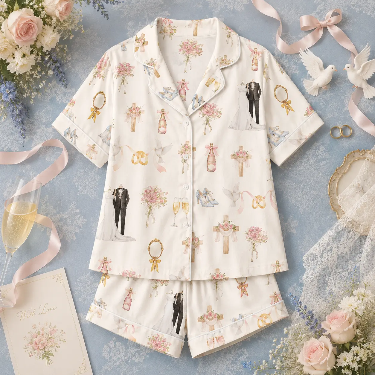 Elegance Wedding Pajamas Set, Silk Satin Bridesmaid PJs, Personalized Bridal Party Gift, Bachelorette Sleepwear